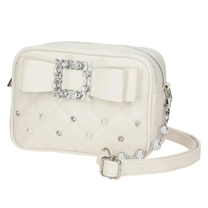 Cream pearl quilted crossbody bag with rhinestone buckle