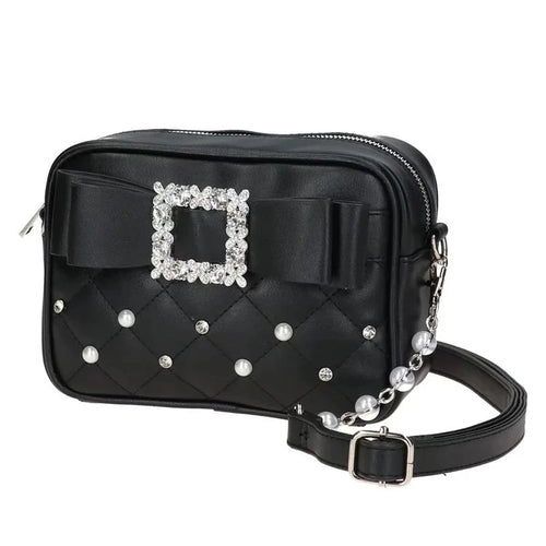 Black pearl quilted crossbody bag with crystal bow buckle and pearl chain strap